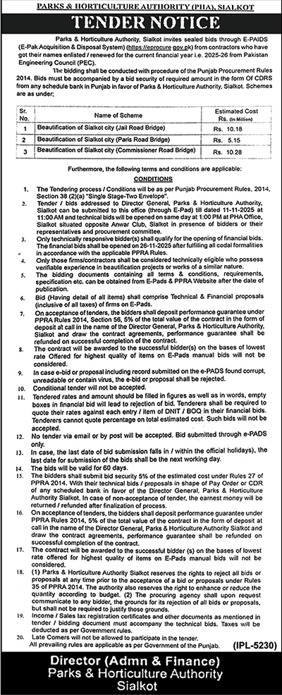 Parks & Horticulture Authority Tender Notice